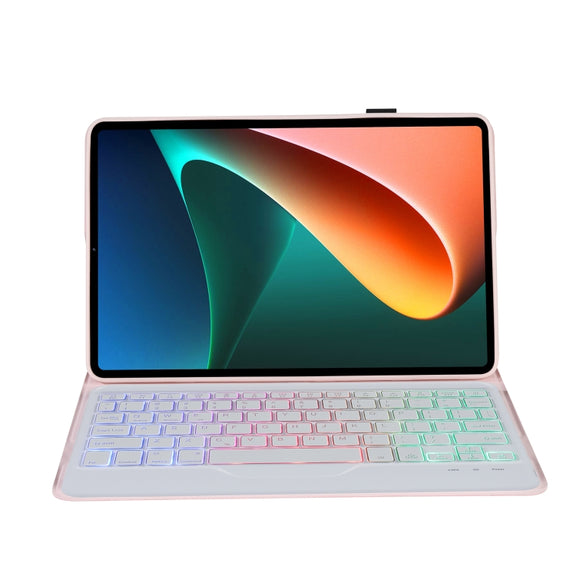 A0N5BS Ultra-thin Tri-color Backlight Detachable Lambskin Texture TPU Bluetooth Keyboard Leather Tablet Case with Holder For Xiaomi Pad 5 / 5 Pro(Pink)