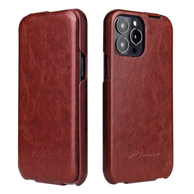 For iPhone 13 Pro Fierre Shann Retro Oil Wax Texture Vertical Flip PU Leather Case (Brown)
