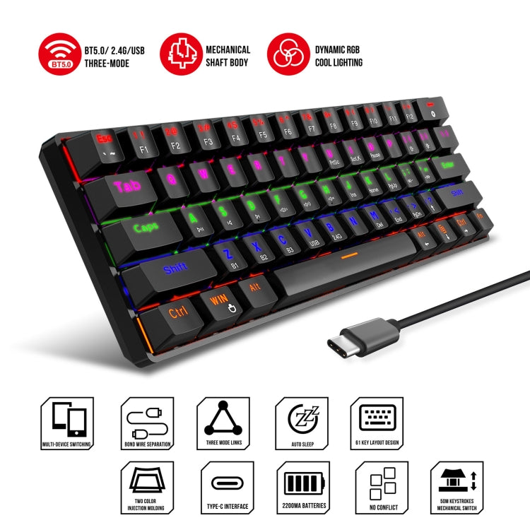 HXSJ L800 61 Keys Bluetooth 5.0 / 2.4G Wireless / Type-C Wired Three Modes Blue Shaft Mechanical Keyboard(Black)