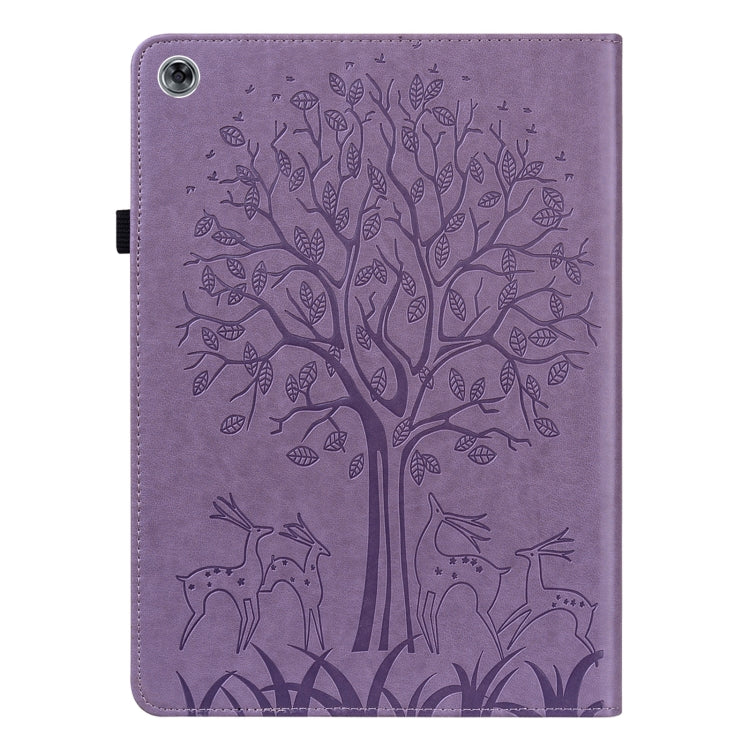 For Huawei MediaPad M5 lite Tree & Deer Pattern Pressed Printing Horizontal Flip PU Leather Case with Holder & Card Slots(Purple)