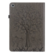 For Huawei MediaPad M5 lite Tree & Deer Pattern Pressed Printing Horizontal Flip PU Leather Case with Holder & Card Slots(Grey)