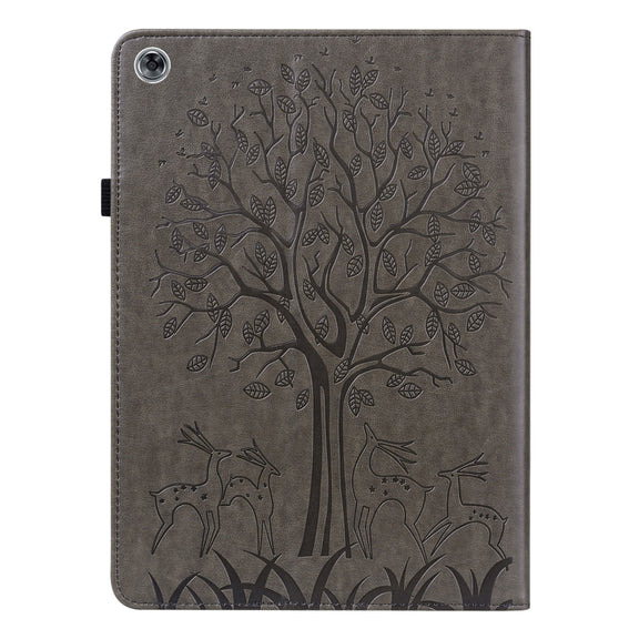 For Huawei MediaPad M5 lite Tree & Deer Pattern Pressed Printing Horizontal Flip PU Leather Case with Holder & Card Slots(Grey)