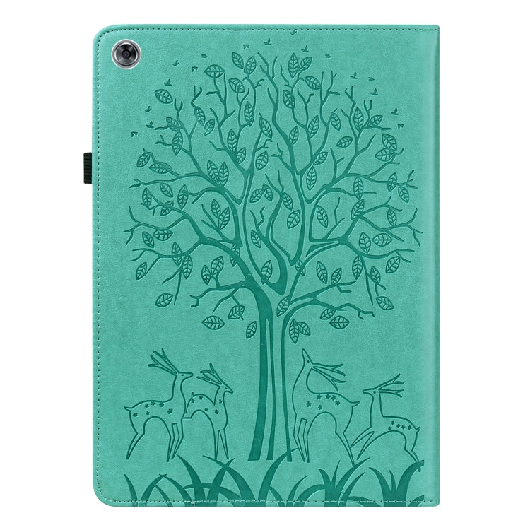 For Huawei MediaPad M5 lite Tree & Deer Pattern Pressed Printing Horizontal Flip PU Leather Case with Holder & Card Slots(Green)