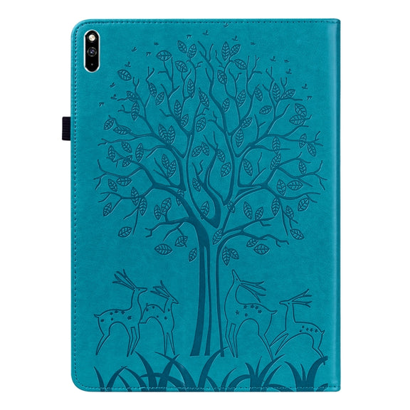 For Huawei MatePad Pro 10.8 2021 Tree & Deer Pattern Pressed Printing Horizontal Flip PU Leather Case with Holder & Card Slots(Blue)