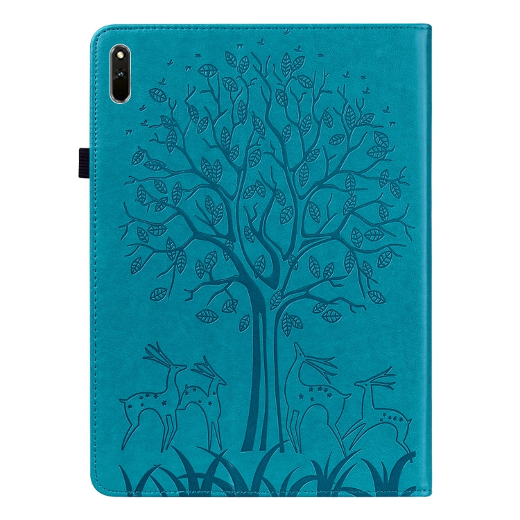 For Huawei MatePad 11 2021 Tree & Deer Pattern Pressed Printing Horizontal Flip PU Leather Case with Holder & Card Slots(Blue)