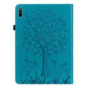 For Huawei MatePad 11 2021 Tree & Deer Pattern Pressed Printing Horizontal Flip PU Leather Case with Holder & Card Slots(Blue)