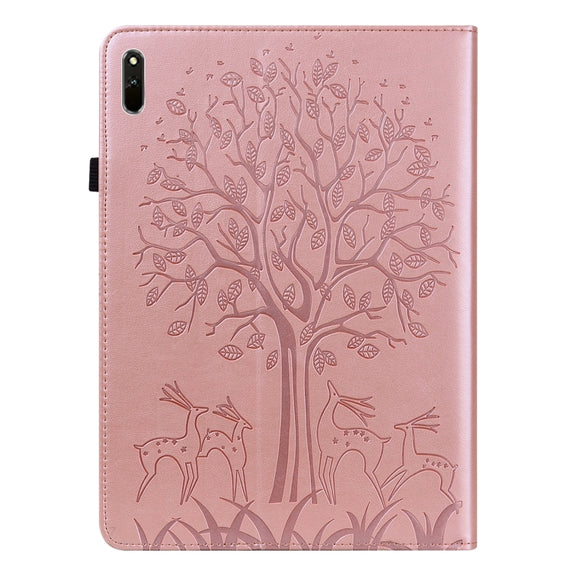 For Huawei MatePad 11 2021 Tree & Deer Pattern Pressed Printing Horizontal Flip PU Leather Case with Holder & Card Slots(Pink)