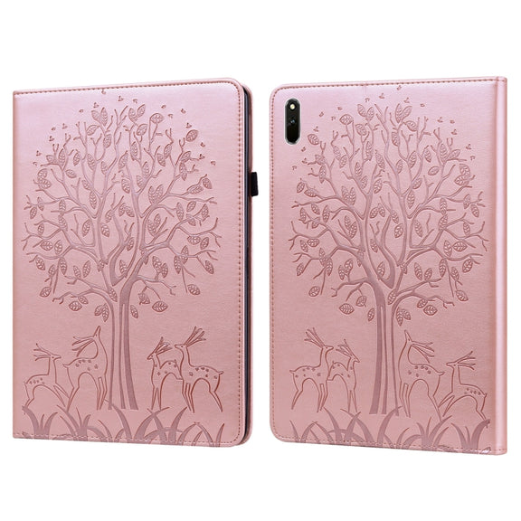 For Huawei MatePad 11 2021 Tree & Deer Pattern Pressed Printing Horizontal Flip PU Leather Case with Holder & Card Slots(Pink)