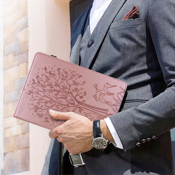 For Huawei MatePad 11 2021 Tree & Deer Pattern Pressed Printing Horizontal Flip PU Leather Case with Holder & Card Slots(Pink)