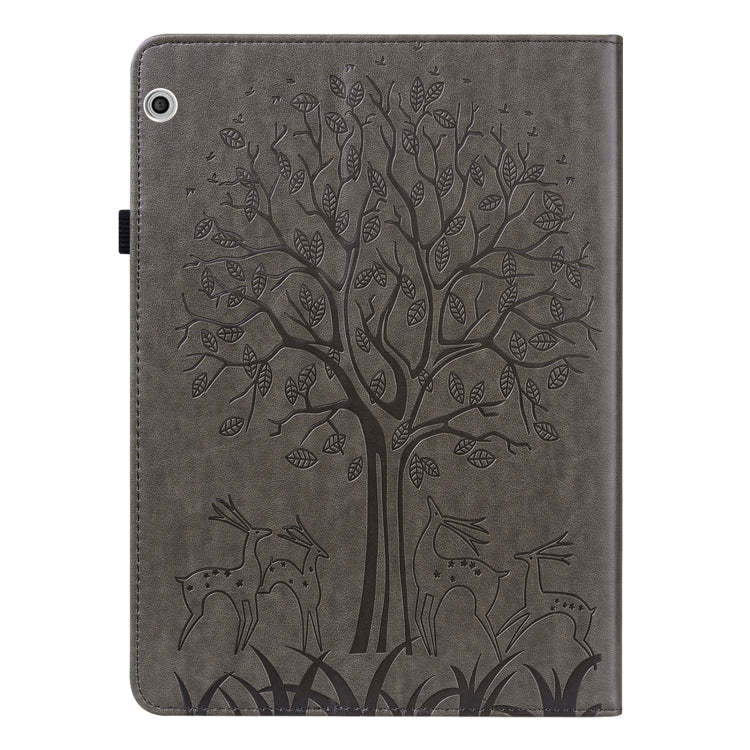 For Huawei MediaPad T3 10 Tree & Deer Pattern Pressed Printing Horizontal Flip PU Leather Case with Holder & Card Slots(Grey)