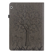 For Huawei MediaPad T3 10 Tree & Deer Pattern Pressed Printing Horizontal Flip PU Leather Case with Holder & Card Slots(Grey)