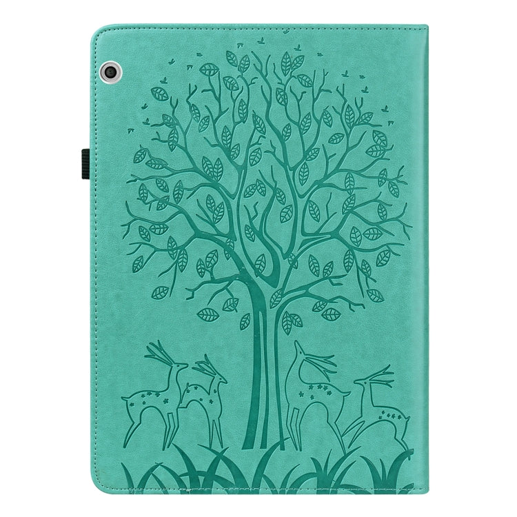 For Huawei MediaPad T3 10 Tree & Deer Pattern Pressed Printing Horizontal Flip PU Leather Case with Holder & Card Slots(Green)