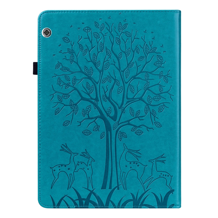 For Huawei MediaPad T5 Tree & Deer Pattern Pressed Printing Horizontal Flip PU Leather Case with Holder & Card Slots(Blue)