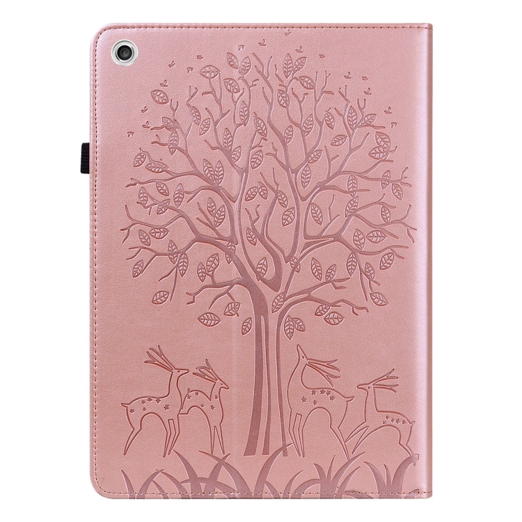 For Lenovo M10 TB-X505L Tree & Deer Pattern Pressed Printing Horizontal Flip PU Leather Case with Holder & Card Slots(Pink)