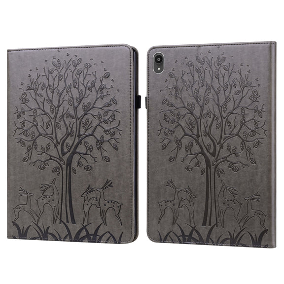 For Lenovo Tab P11 2020 / P11 Plus 2021 Tree & Deer Pattern Pressed Printing Horizontal Flip PU Leather Case with Holder & Card Slots(Grey)