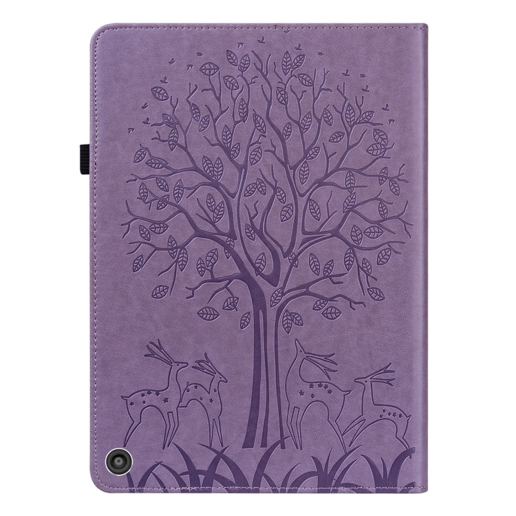 For Amazon Kindle Fire HD 10 / 10 Plus 2021 Tree & Deer Pattern Pressed Printing Horizontal Flip PU Leather Case with Holder & Card Slots(Purple)