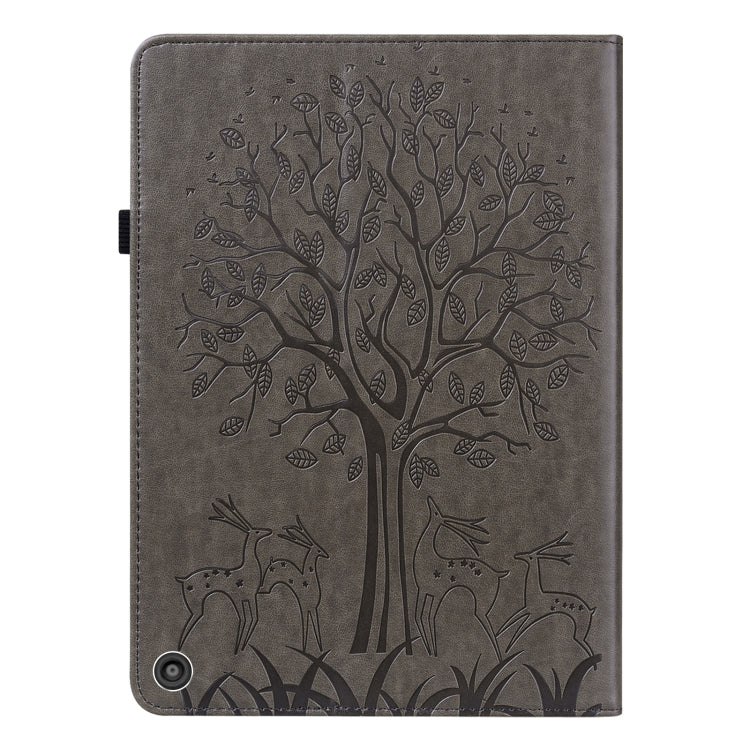 For Amazon Kindle Fire HD 10 / 10 Plus 2021 Tree & Deer Pattern Pressed Printing Horizontal Flip PU Leather Case with Holder & Card Slots(Grey)
