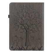For Amazon Kindle Fire HD 10 / 10 Plus 2021 Tree & Deer Pattern Pressed Printing Horizontal Flip PU Leather Case with Holder & Card Slots(Grey)