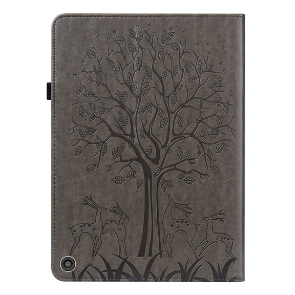 For Amazon Kindle Fire HD 10 / 10 Plus 2021 Tree & Deer Pattern Pressed Printing Horizontal Flip PU Leather Case with Holder & Card Slots(Grey)