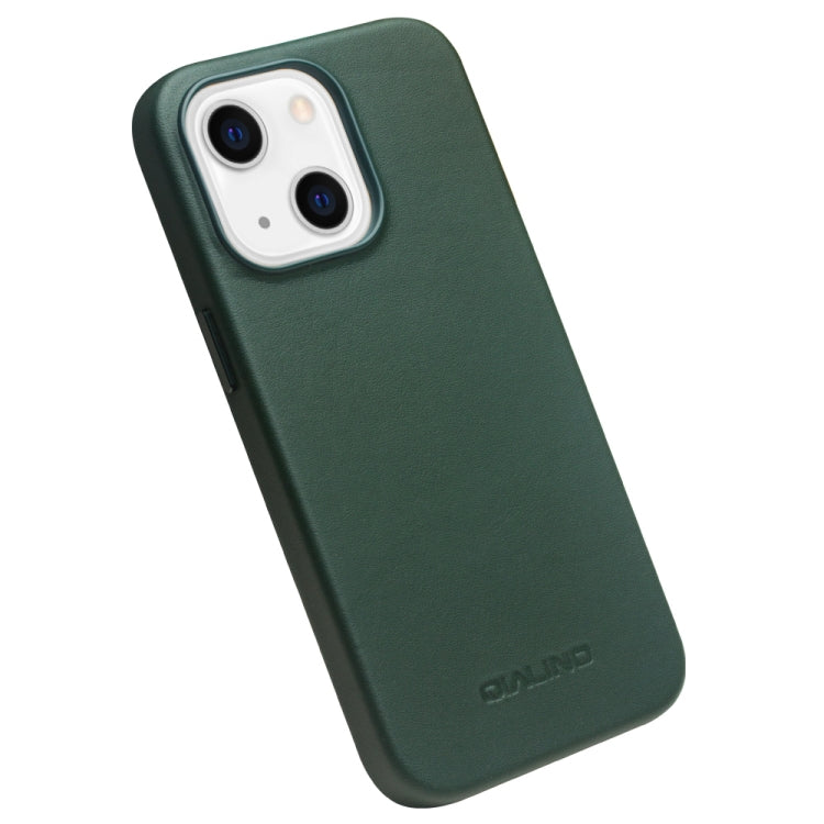 For iPhone 13 QIALINO Nappa Cowhide MagSafe Magnetic Protective Case(Dark Green)