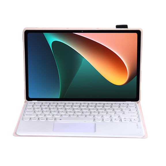 Y0N5-A TPU Tablet Case Lambskin Texture Round Keycap Bluetooth Keyboard Leather Tablet Case with Holder & Touchpad For Xiaomi Pad 5 / 5 Pro(Pink)