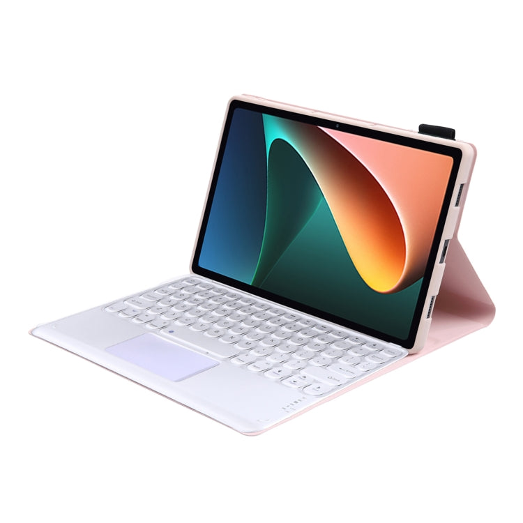 Y0N5-A TPU Tablet Case Lambskin Texture Round Keycap Bluetooth Keyboard Leather Tablet Case with Holder & Touchpad For Xiaomi Pad 5 / 5 Pro(Pink)