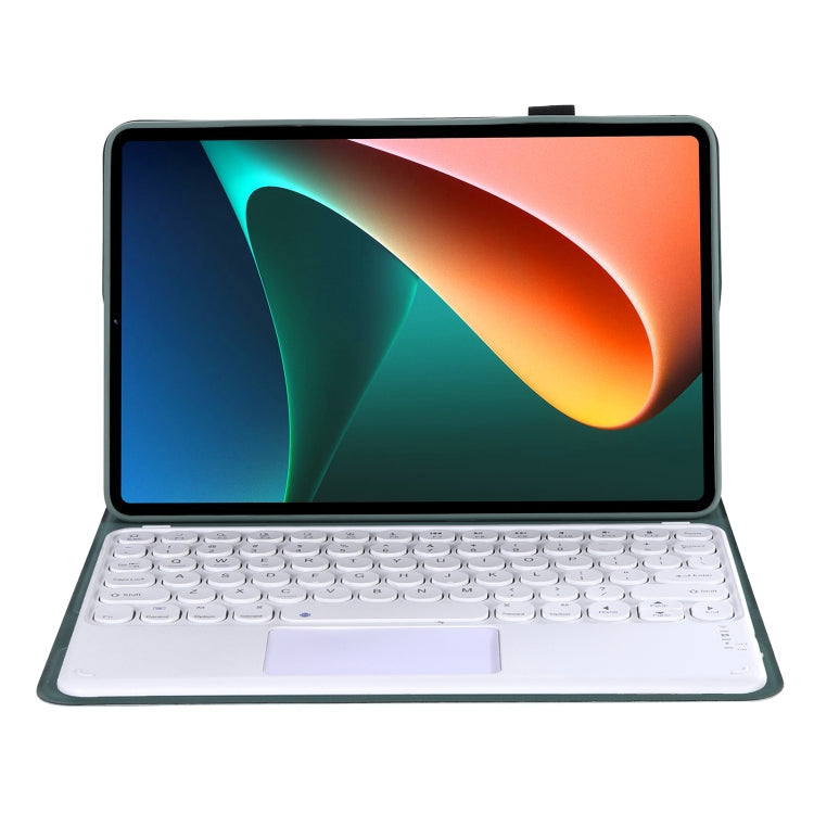 Y0N5-A TPU Tablet Case Lambskin Texture Round Keycap Bluetooth Keyboard Leather Tablet Case with Holder & Touchpad For Xiaomi Pad 5 / 5 Pro(Dark Green)