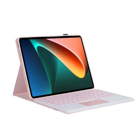 Y0N5-A TPU Tablet Case Lambskin Texture Round Keycap Bluetooth Keyboard Leather Tablet Case with Holder & Touchpad For Xiaomi Pad 5 / 5 Pro(Pink + Pink)