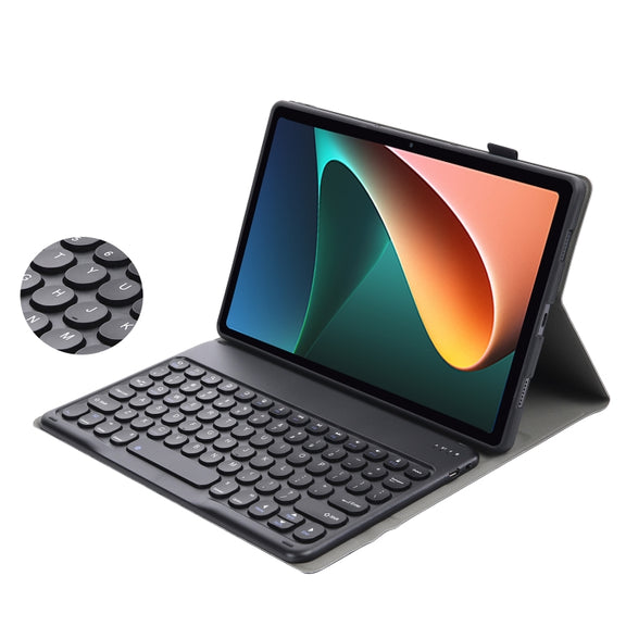 Y0N5 TPU Tablet Case Lambskin Texture Round Keycap Bluetooth Keyboard Leather Tablet Case with Holder For Xiaomi Pad 5 / 5 Pro(Black)