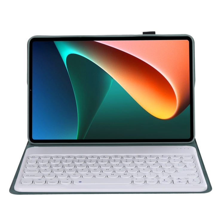 Y0N5 TPU Tablet Case Lambskin Texture Round Keycap Bluetooth Keyboard Leather Tablet Case with Holder For Xiaomi Pad 5 / 5 Pro(Dark Green)