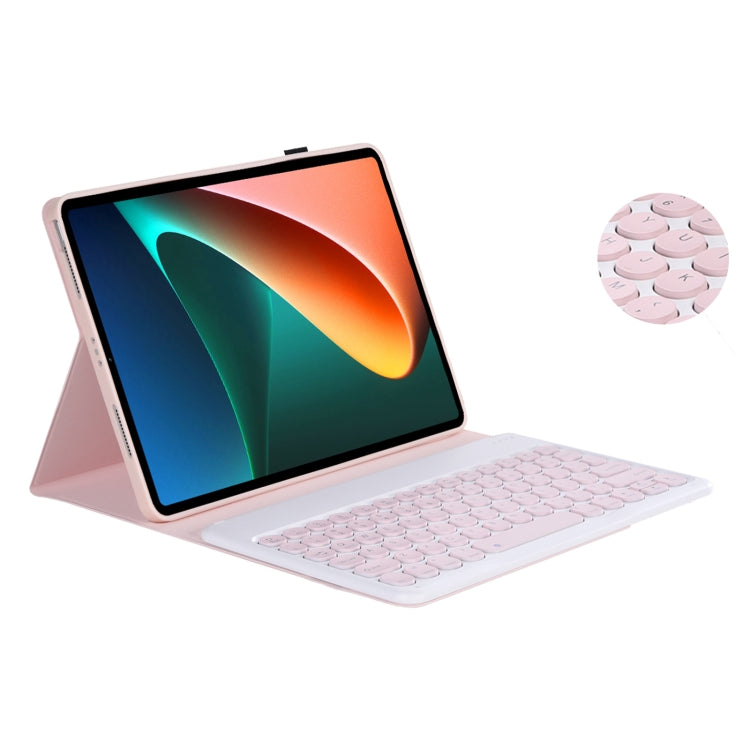 Y0N5 TPU Tablet Case Lambskin Texture Round Keycap Bluetooth Keyboard Leather Tablet Case with Holder For Xiaomi Pad 5 / 5 Pro(Pink + Pink)
