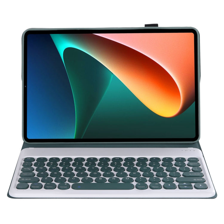 Y0N5 TPU Tablet Case Lambskin Texture Round Keycap Bluetooth Keyboard Leather Tablet Case with Holder For Xiaomi Pad 5 / 5 Pro(Dark Green + Dark Green)