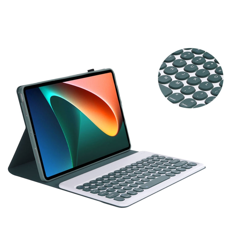 Y0N5 TPU Tablet Case Lambskin Texture Round Keycap Bluetooth Keyboard Leather Tablet Case with Holder For Xiaomi Pad 5 / 5 Pro(Dark Green + Dark Green)