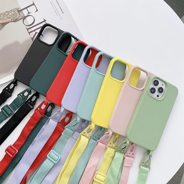 For iPhone 13 Elastic Silicone Protective Case with Wide Neck Lanyard(Pink)