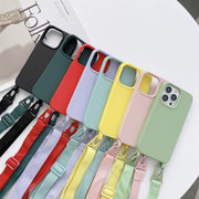 For iPhone 13 Elastic Silicone Protective Case with Wide Neck Lanyard(Pink)