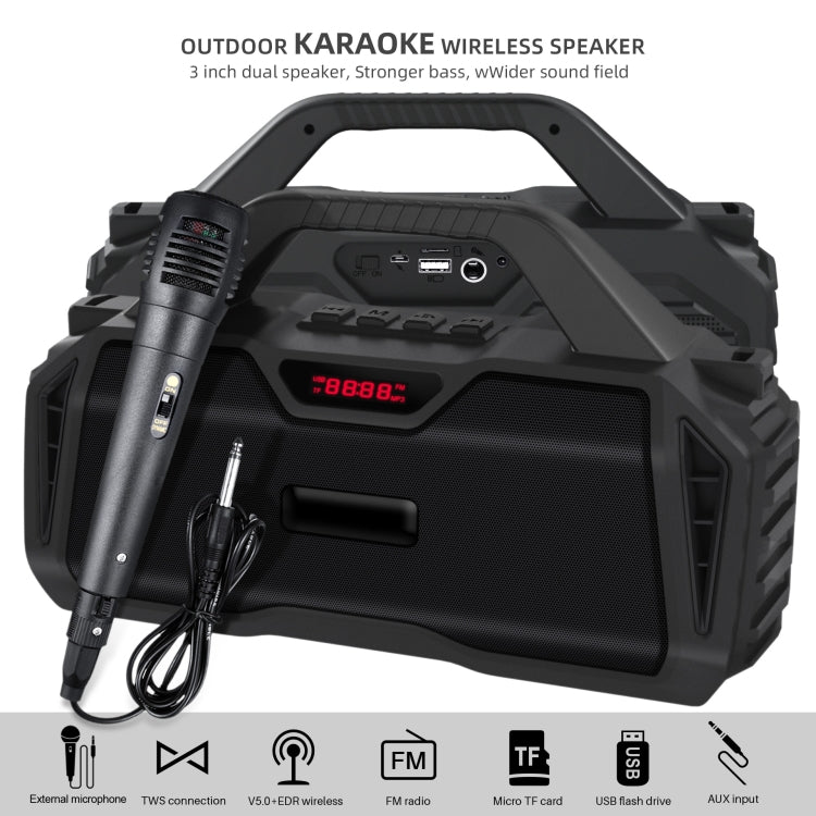 New Rixing NR-6011M Bluetooth 5.0 Portable Outdoor Karaoke Wireless Bluetooth Speaker with Microphone & Shoulder Strap(Black)
