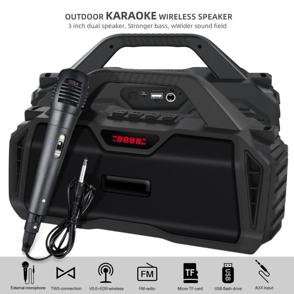 New Rixing NR-6011M Bluetooth 5.0 Portable Outdoor Karaoke Wireless Bluetooth Speaker with Microphone & Shoulder Strap(Black)