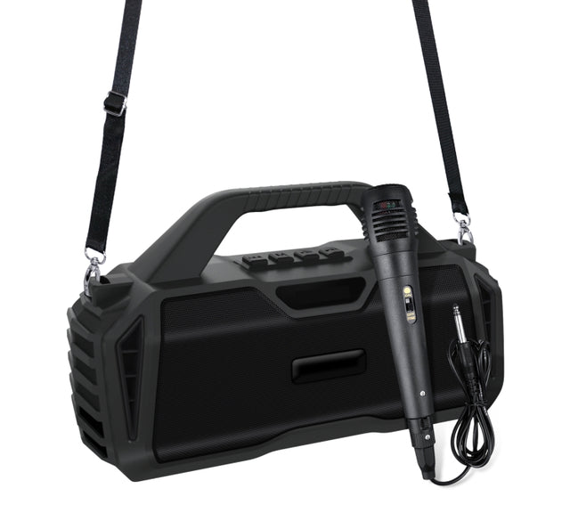 New Rixing NR-6011M Bluetooth 5.0 Portable Outdoor Karaoke Wireless Bluetooth Speaker with Microphone & Shoulder Strap(Black)