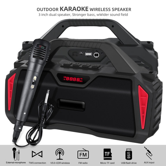 New Rixing NR-6011M Bluetooth 5.0 Portable Outdoor Karaoke Wireless Bluetooth Speaker with Microphone & Shoulder Strap(Red)