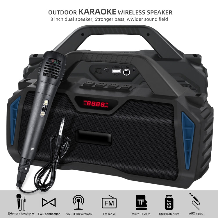 New Rixing NR-6011M Bluetooth 5.0 Portable Outdoor Karaoke Wireless Bluetooth Speaker with Microphone & Shoulder Strap(Blue)