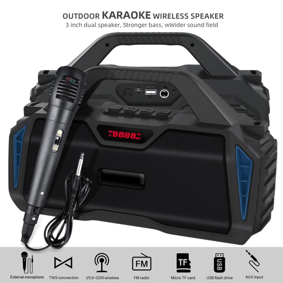 New Rixing NR-6011M Bluetooth 5.0 Portable Outdoor Karaoke Wireless Bluetooth Speaker with Microphone & Shoulder Strap(Blue)
