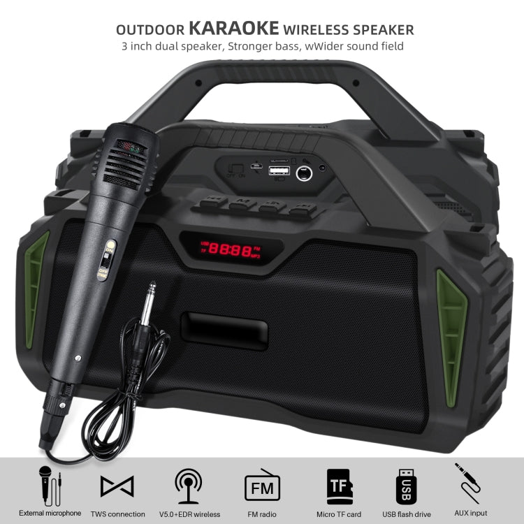 New Rixing NR-6011M Bluetooth 5.0 Portable Outdoor Karaoke Wireless Bluetooth Speaker with Microphone & Shoulder Strap(Green)