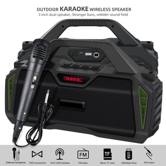 New Rixing NR-6011M Bluetooth 5.0 Portable Outdoor Karaoke Wireless Bluetooth Speaker with Microphone & Shoulder Strap(Green)