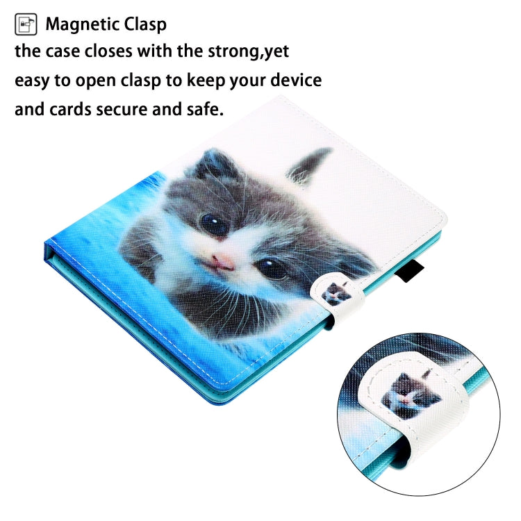 10 inch Universal Colored Drawing Horizontal Flip PU Leather Case with Holder & Card Slot(Blue White cat)