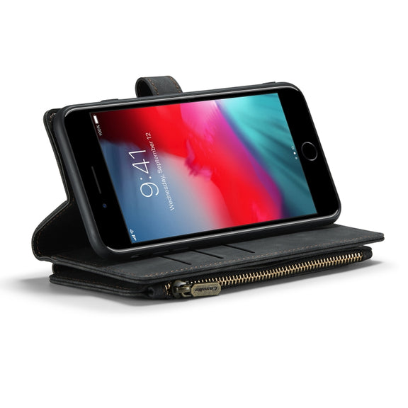 CaseMe-C30 PU + TPU Multifunctional Horizontal Flip Leather Case with Holder & Card Slot & Wallet & Zipper Pocket For iPhone 8 Plus & 7 Plus & 6 Plus(Black)