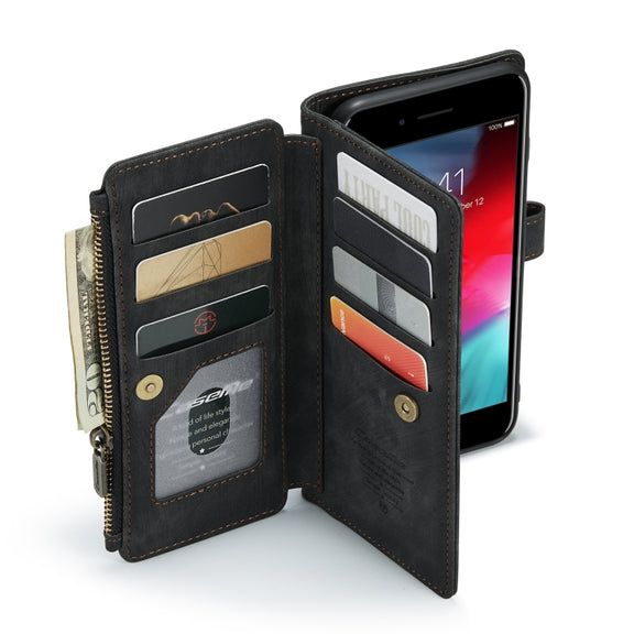CaseMe-C30 PU + TPU Multifunctional Horizontal Flip Leather Case with Holder & Card Slot & Wallet & Zipper Pocket For iPhone 8 Plus & 7 Plus & 6 Plus(Black)