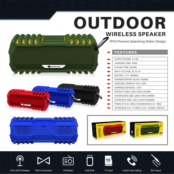 NewRixing NR-5015 Outdoor Portable Bluetooth Speakerr with Hook, Support Hands-free Call / TF Card / FM / U Disk(Red)