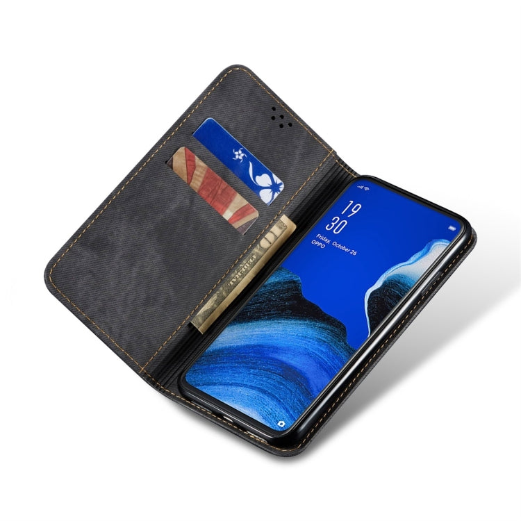 For OPPO Reno 2 Denim Texture Casual Style Horizontal Flip Leather Case with Holder & Card Slots & Wallet(Black)