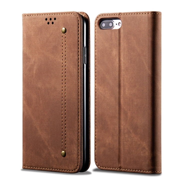 For iPhone 7 Plus / 8 Plus Denim Texture Casual Style Horizontal Flip Leather Case with Holder & Card Slots & Wallet(Brown)