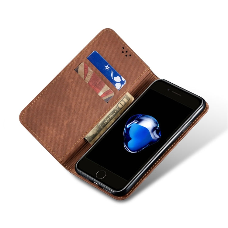 For iPhone 7 Plus / 8 Plus Denim Texture Casual Style Horizontal Flip Leather Case with Holder & Card Slots & Wallet(Brown)